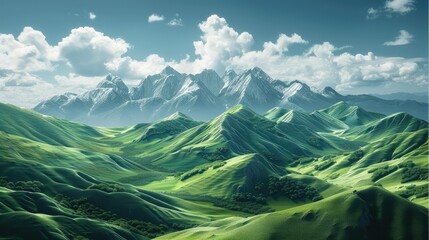 Green tropical hills with many peaks background. Generative AI.