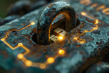 Close up of a metal padlock on a wooden surface with glowing lights