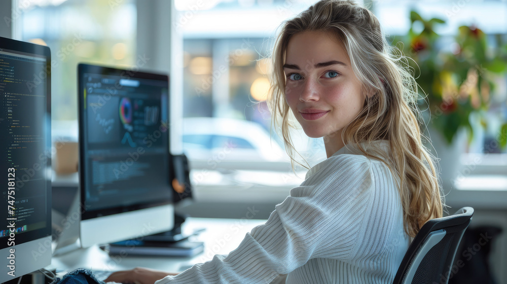 Poster Female developer writing software on her computer. Generative AI.