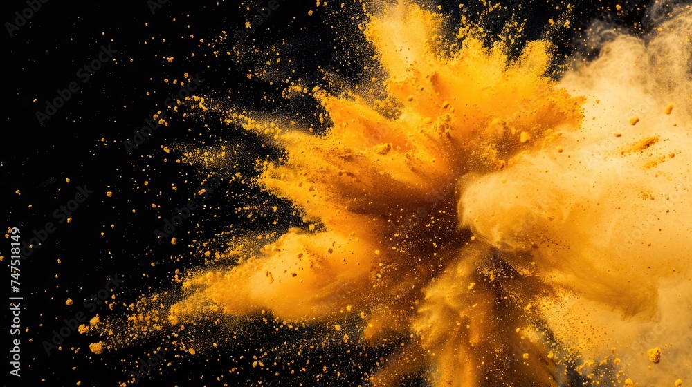 Poster vibrant yellow powder explosion on a dramatic black backdrop. perfect for dynamic and energetic visu
