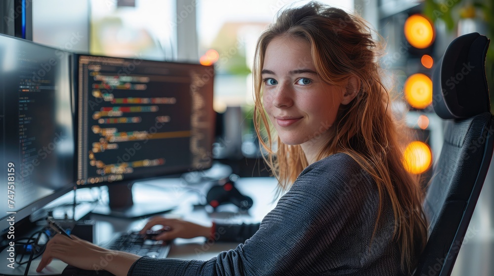 Poster Female developer writing software on her computer. Generative AI.