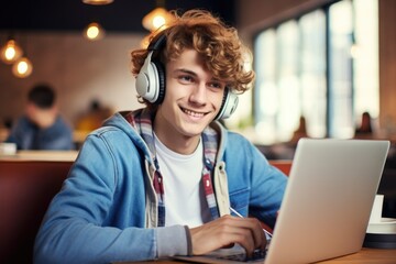 A young man wearing headphones is using a laptop. Suitable for technology and remote work concepts