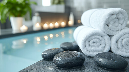 Serene Spa Ambiance with White Towels and Wet Zen Stones