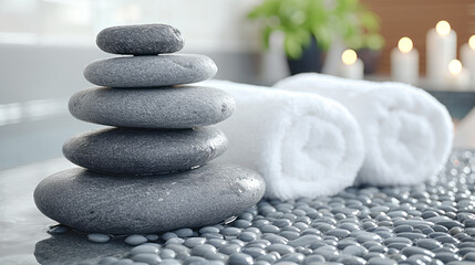 Obraz na płótnie Canvas Zen Stone Stack and Rolled White Towels at Spa