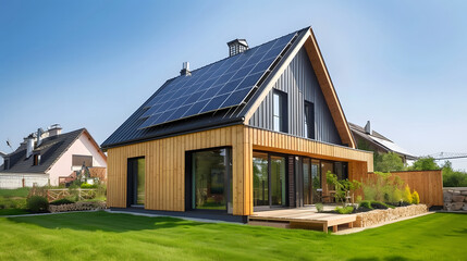 Modern wooden house with solar panels on the roof. 3d rendering.  Eco friendly passive house with a photovoltaic system on the roof.