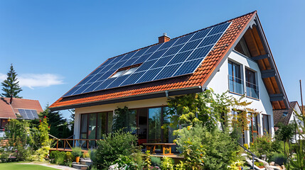 Solar panels installed on the roof of a modern house in Germany. Eco friendly passive house with a photovoltaic system on the roof.