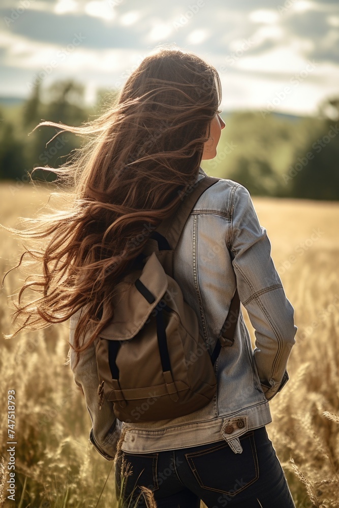 Poster a woman standing in a field, suitable for various concepts and themes