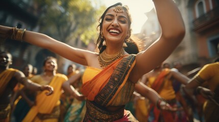 A woman in an orange and yellow sari dancing. Suitable for cultural events - Powered by Adobe