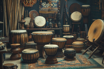Traditional ethnic drums in a music store - A collection of various traditional ethnic drums neatly arranged in a music store with cultural decor