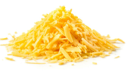 Cheddar käse gerieben isoliert auf weißen Hintergrund, Freisteller