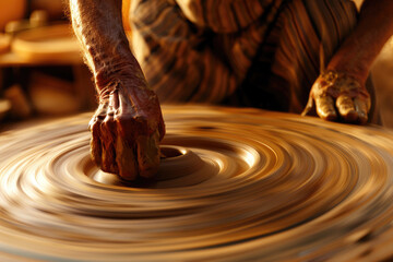 Traditional potter crafting pottery on wheel - Close-up of skilled, weathered hands shaping a wet clay pot on a spinning potter's wheel, reflecting the timeless art of pottery-making