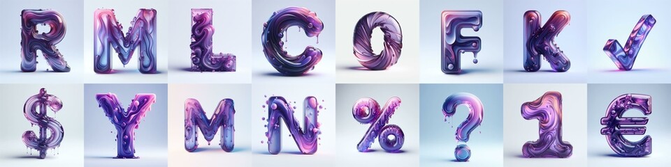Violet glass 3D Lettering Typeface. AI generated illustration