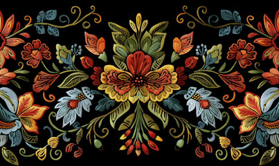 vibrant mexican traditional  floral embroidery detailed pattern on black textile
