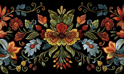 Zelfklevend Fotobehang vibrant mexican traditional  floral embroidery detailed pattern on black textile © Klay
