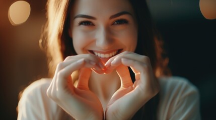 A woman making a heart shape with her hands. Suitable for love and relationships concepts - obrazy, fototapety, plakaty