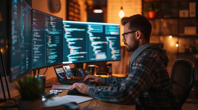 A software developer works on code late into the night, illuminated by the glow of multiple computer screens in a modern office. AIG41