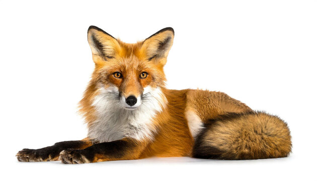 Fuchs liegend isoliert auf wei&szlig;en Hintergrund, Freisteller 