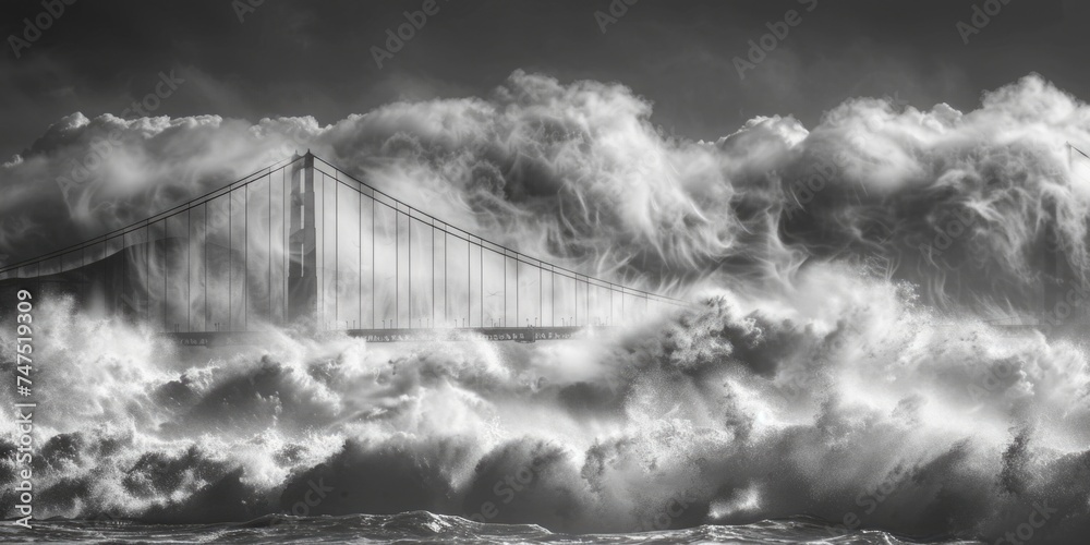 Poster A stunning black and white photo of a bridge in the ocean. Perfect for adding a dramatic touch to any design project