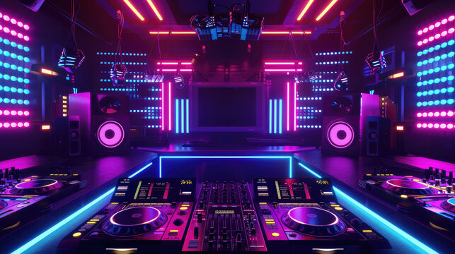 Vibrant DJ booth with neon lights and speakers - This image captures a DJ booth with an array of neon lights creating a vibrant atmosphere suitable for music events