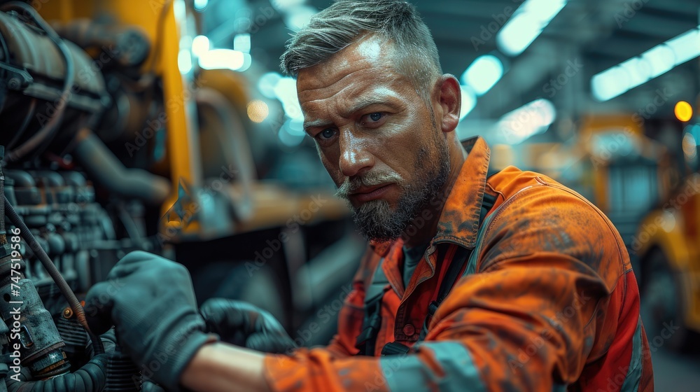 Poster engine mechanic fixing truck engines. generative ai.