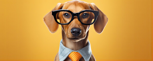 Funny dog in glasses with tie on blue background. - obrazy, fototapety, plakaty