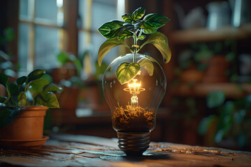Incandescent lamp with green plant in pot on wooden table