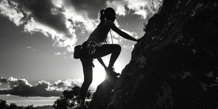 A striking black and white image of a woman climbing. Perfect for illustrating determination and strength