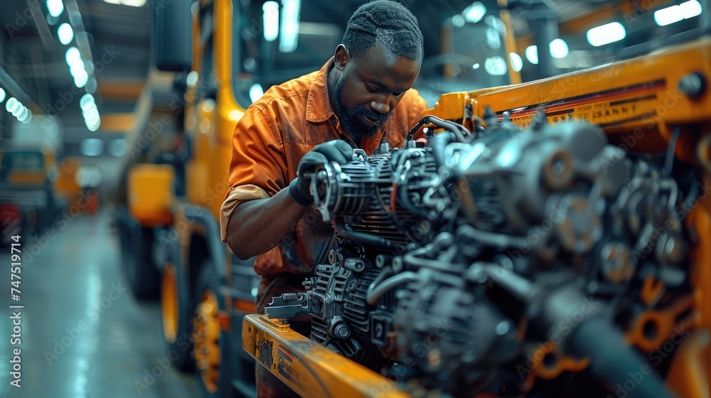Poster engine mechanic fixing truck engines. generative ai.