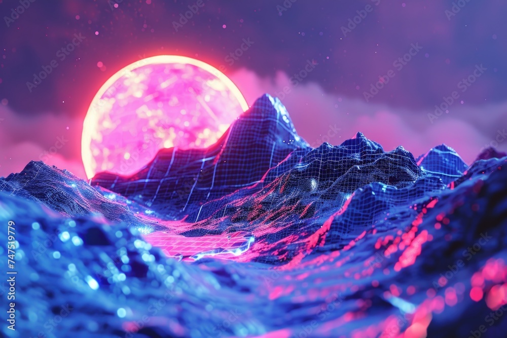 Aufkleber A computer generated image of a mountain with a full moon in the background. Suitable for nature and landscape themes