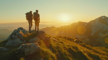 Couple standing on a mountain top, suitable for travel and adventure themes