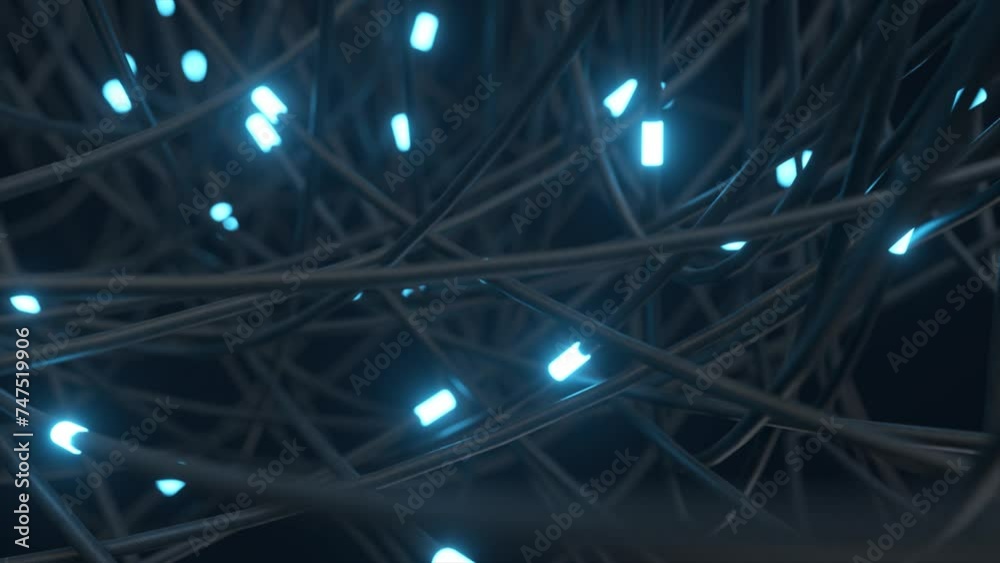 Wall mural tangled wires with glowing blue lights, creating a complex network.