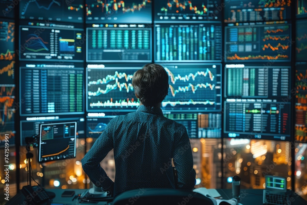 Aufkleber A financial expert analyzing stock market trends look at digital screens displaying statistics and graphs. Generative AI.