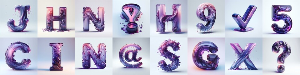 Violet glass 3D Lettering Typeface. AI generated illustration