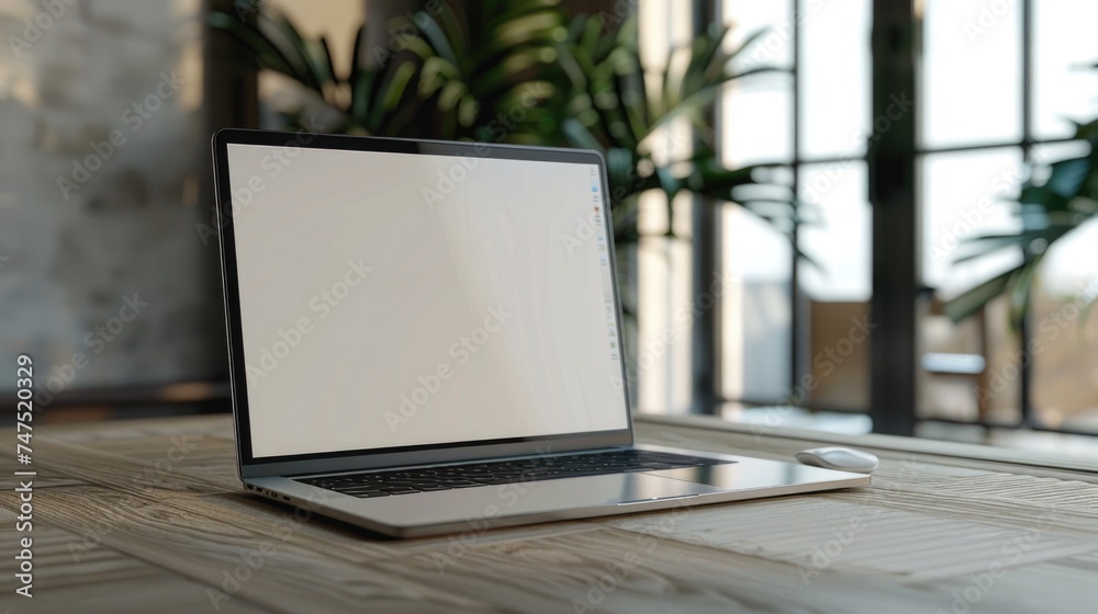 Poster a modern laptop computer on a wooden table, suitable for technology and workspace concepts