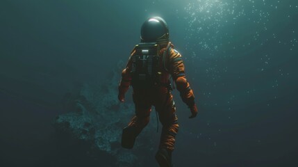 A man wearing a diving suit is seen underwater, exploring the depths of the ocean with a breathing apparatus.