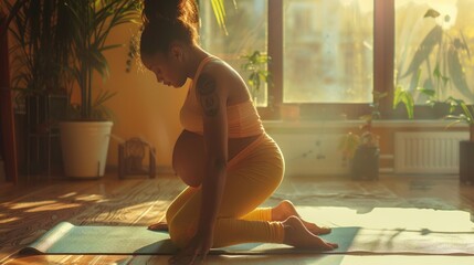 A pregnant woman sitting on a yoga mat in front of a window. Ideal for maternity and fitness...