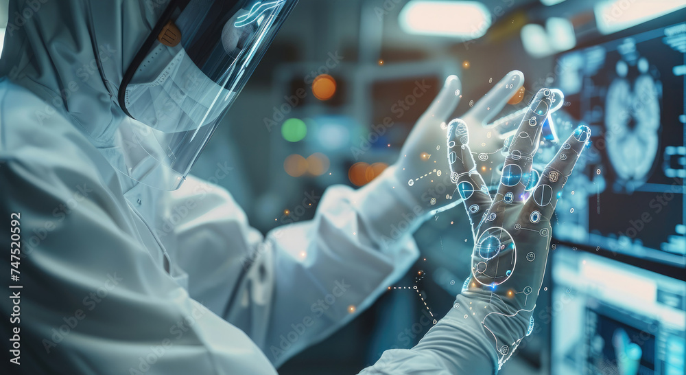 Poster A doctor operating a hand using AI. Generative AI.
