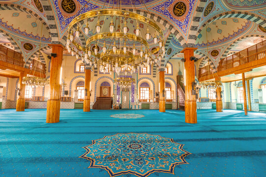 Konya, Turkey - Aug 5,2023: interior of Kapu Camii Mosque, located in Konya, Turkey. This mosque is renowned for its distinctive Seljuk architectural style and historical significance.
