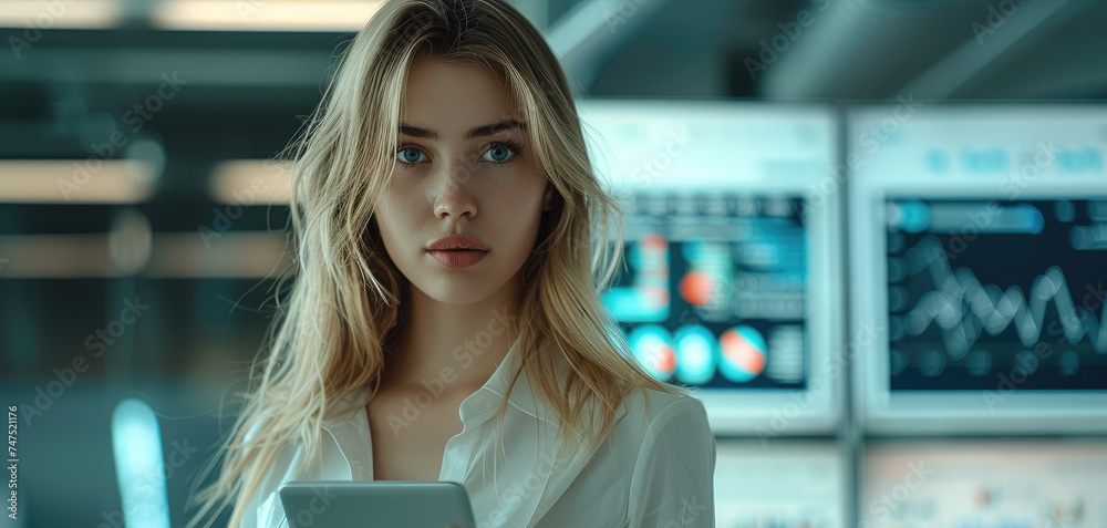 Aufkleber Female targeting specialist standing in a modern office with a tablet in her hands. In the background is a large monitor with graphs and analytical data. Generative AI.