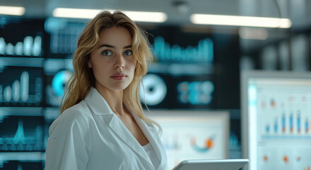 Female targeting specialist standing in a modern office with a tablet in her hands. In the background is a large monitor with graphs and analytical data. Generative AI.