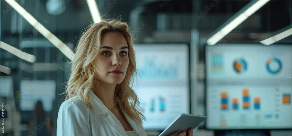 Aufkleber Female targeting specialist standing in a modern office with a tablet in her hands. In the background is a large monitor with graphs and analytical data. Generative AI.