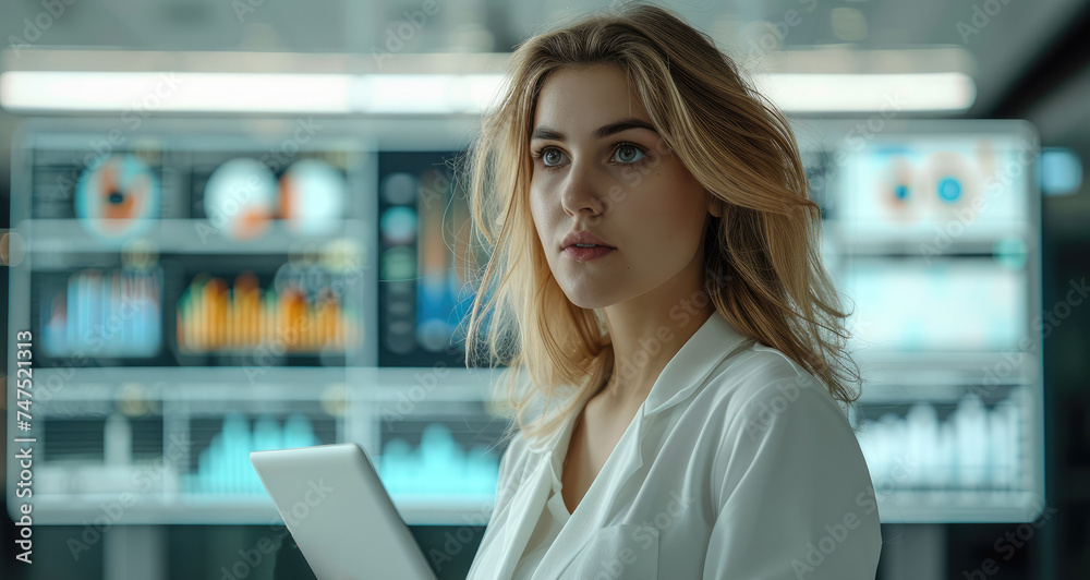 Aufkleber Female targeting specialist standing in a modern office with a tablet in her hands. In the background is a large monitor with graphs and analytical data. Generative AI.