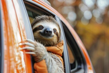 A sloth dressed in minimalist fashion, humorously taking the fast lane, a funny contrast to its nature