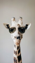 A minimalist shot of a giraffe in aviator sunglasses, peeking into the frame, for an avant-garde fashion piece