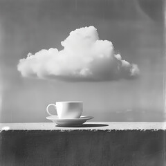 Une tasse blanche avec une soucoupe posée sur une surface, avec un nuage blanc volumineux en arrière-plan - obrazy, fototapety, plakaty