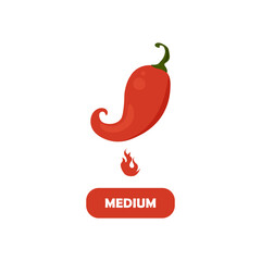 Medium chili pepper with flame. Pepper strength level, symbol of medium heat, fire. Vector illustration, icon isolated on white background, eps 10.