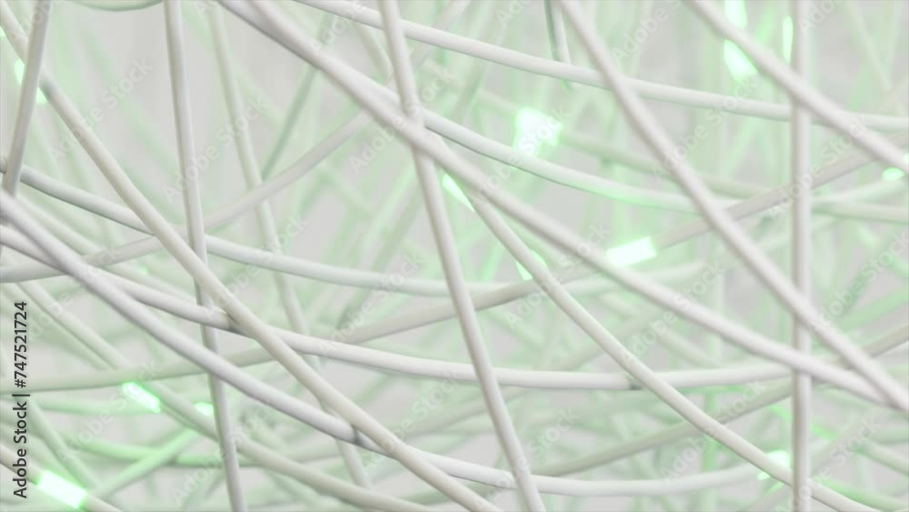 Wall mural interwoven white wires with soft green highlights in a chaotic network.