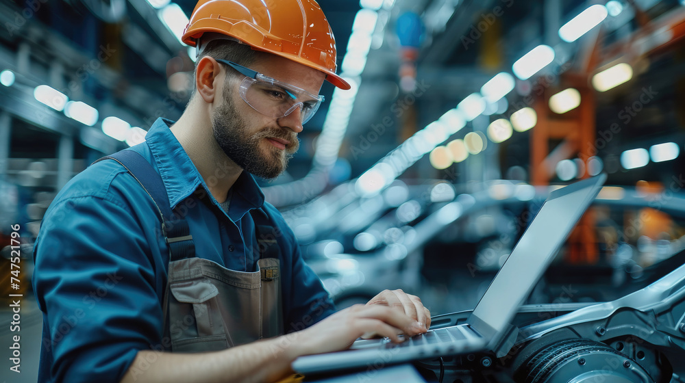 Aufkleber Car Factory Engineer Using Laptop Computer Working with Software at Automotive Industrial Manufacturing Facility. Generative AI.