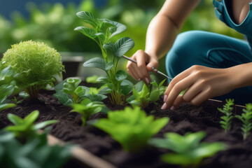 Young woman working with plants in the garden. The concept of gardening and horticulture, planting plants.