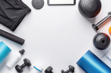 Workout routine. Fitness layout with sneakers, dumbbells, fresh apple. Clean white background. Illustrating a healthy lifestyle, fit inspiration, and motivational content for wellness themed posts